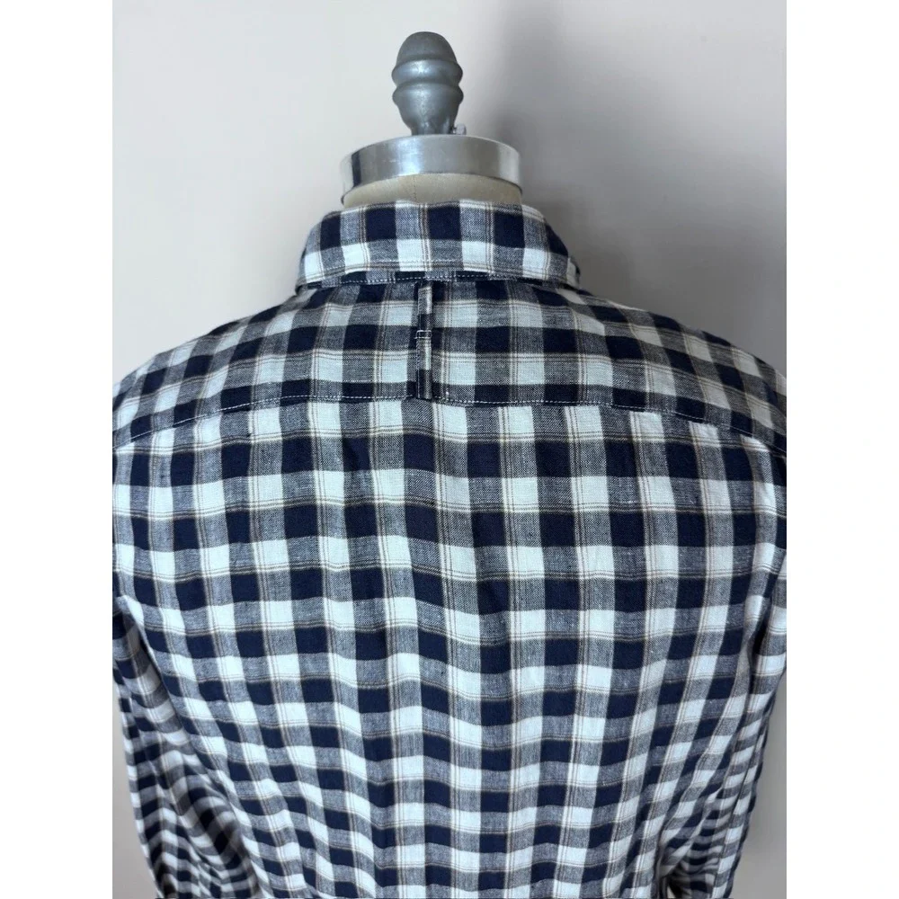 Banana Republic Button Up Shirt Mens M Camden Fit Blue‎ Plaid 100% Linen